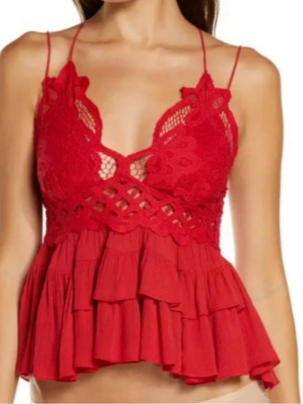 NWT Free People Adella Cherry Red Lace and Ruffle Top
